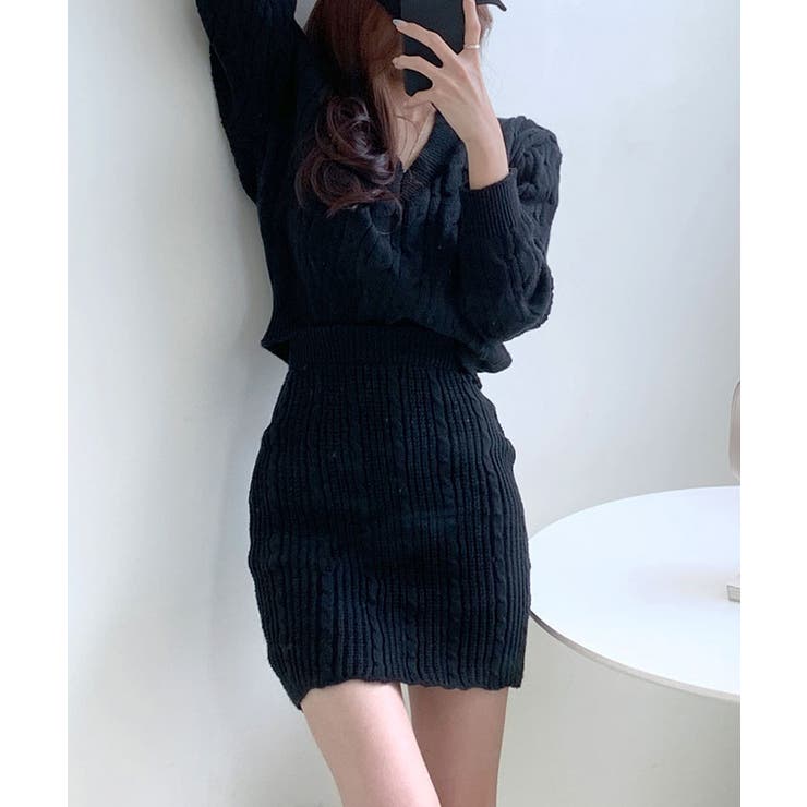 ケーブルVネックニットセットアップ レディース 長袖ニット+ミニ