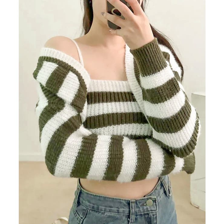 カーキ | ニットセットアップ シアークロップド丈トップス 2点セット | VIVID LADY