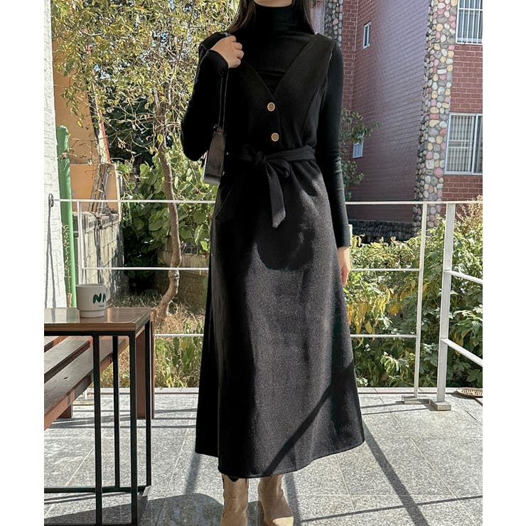 ハイネックtシャツ+ロングワンピース セット レディース[品番  