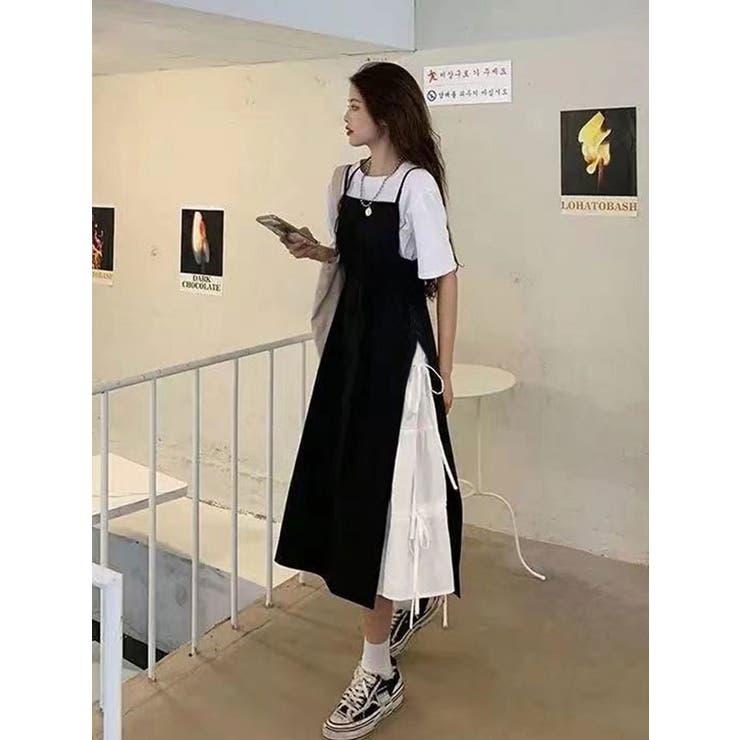 シャツ レイヤード風 キャミ ワンピース きれいめスタイル レイヤード風 キャミワンピースxTシャツ 2点セット[品番