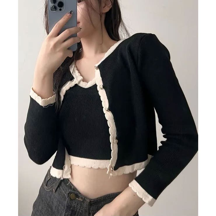 ブラック | バイカラーニットカーディガンアンサンブル | VIVID LADY