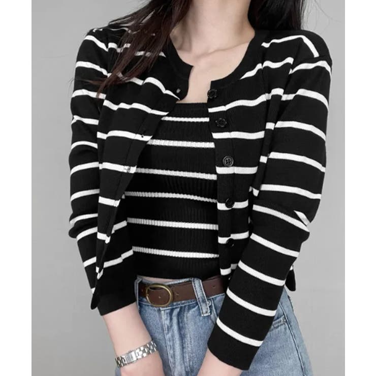 ブラック | ボーダー柄リブニットアンサンブル | VIVID LADY