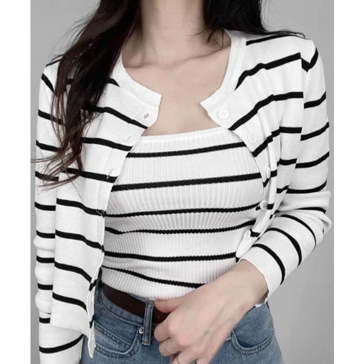 アイボリー | ボーダー柄リブニットアンサンブル | VIVID LADY