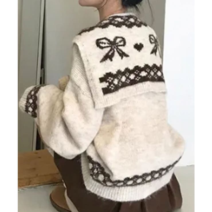 アイボリー | リボン柄ショール付きアンサンブルニット | VIVID LADY