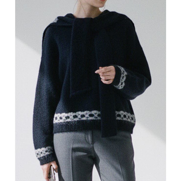 ネイビー | リボン柄ショール付きアンサンブルニット | VIVID LADY