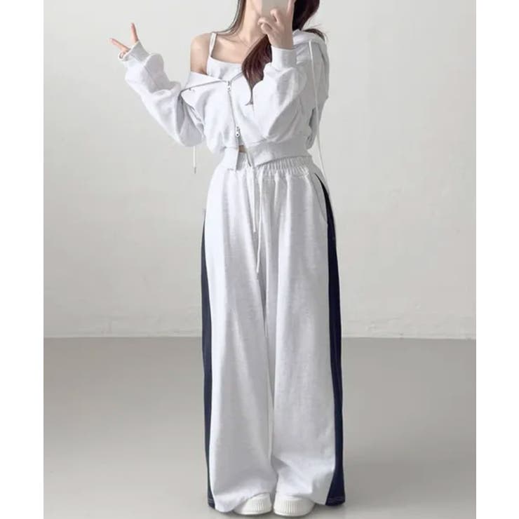 ライトグレー | ダブルジップパーカー×キャミ×ワイドパンツ スウェット3点セット | VIVID LADY