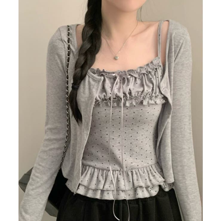 グレー | ドットフリルキャミソール×ショートカーディガン アンサンブル | VIVID LADY