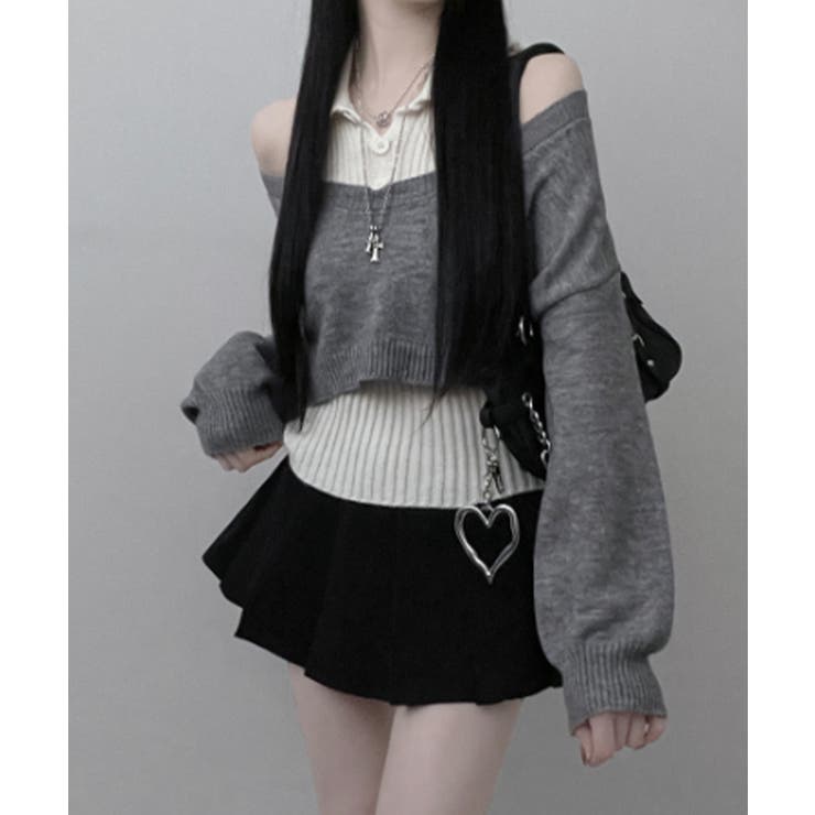 グレー | レイヤードニットアンサンブル ショートトップス＋カラーニット | VIVID LADY