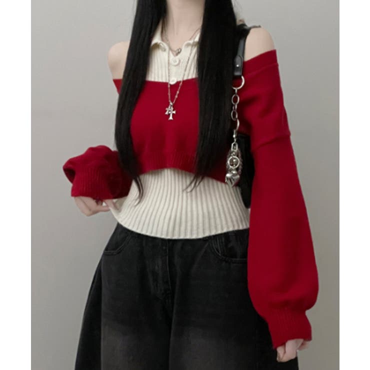レッド | レイヤードニットアンサンブル ショートトップス＋カラーニット | VIVID LADY