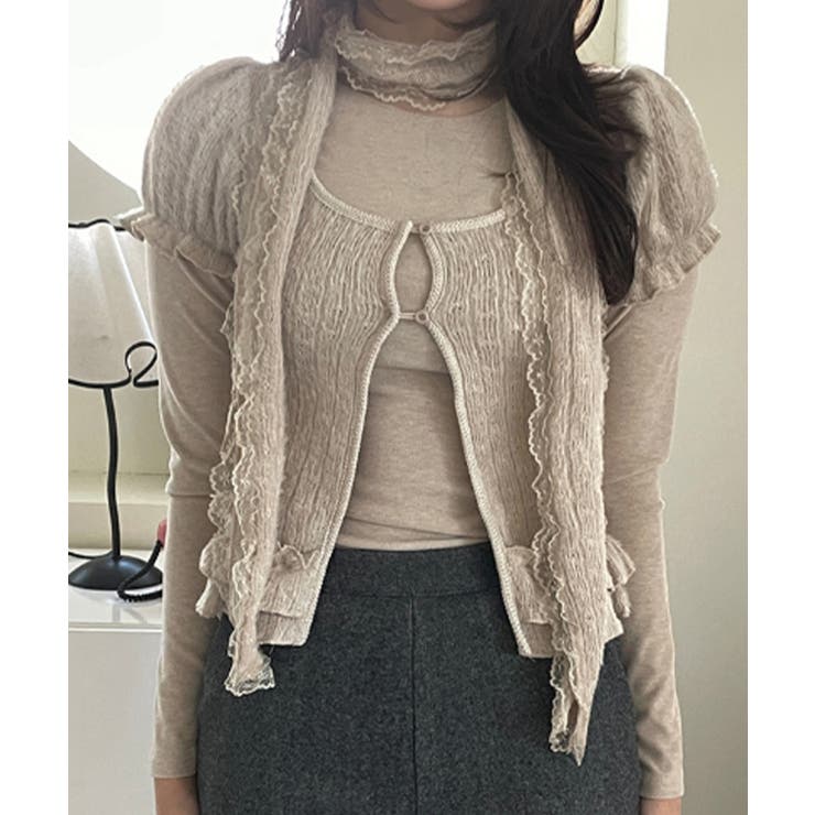 ベージュ | フリルニットカーディガン アンサンブル3点セット | VIVID LADY