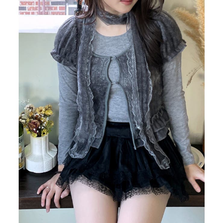 チャコールグレー | フリルニットカーディガン アンサンブル3点セット | VIVID LADY