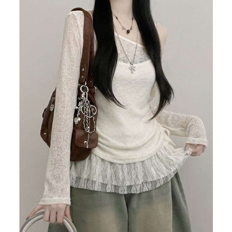 クリーム | ワンショルダーニット＆レースフリルキャミソール アンサンブル | VIVID LADY