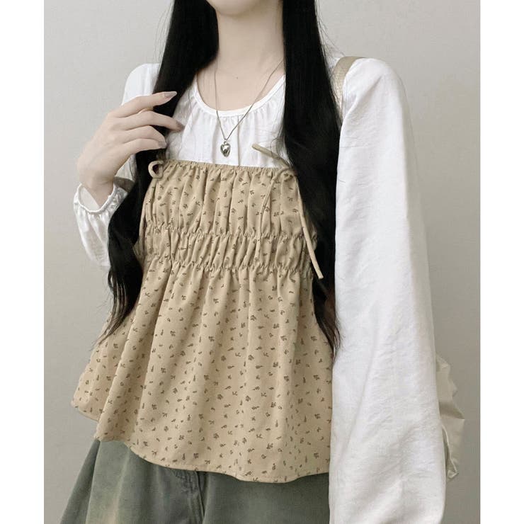 ベージュ | フラワー柄 キャミトップｘプルオーバーブラウス アンサンブル | VIVID LADY