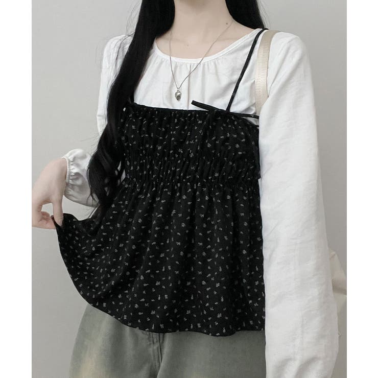 ブラック | フラワー柄 キャミトップｘプルオーバーブラウス アンサンブル | VIVID LADY