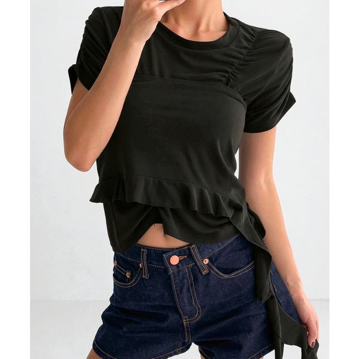 ブラック | アシンメトリーフリルＴシャツｘタンクトップ アンサンブルセット | VIVID LADY