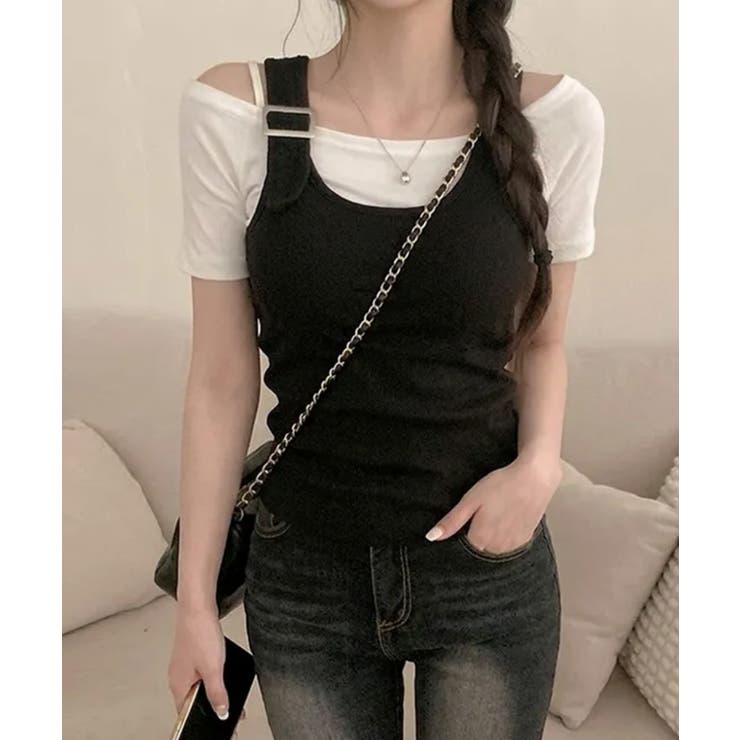 ブラック | リブタンクトップ×ボートネック半袖Tシャツ アンサンブル トップス | VIVID LADY