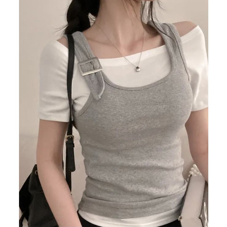 グレー | リブタンクトップ×ボートネック半袖Tシャツ アンサンブル トップス | VIVID LADY