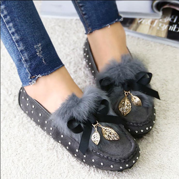 ファー付きスタッズローファー ファー付きフラットシューズ スタッズ