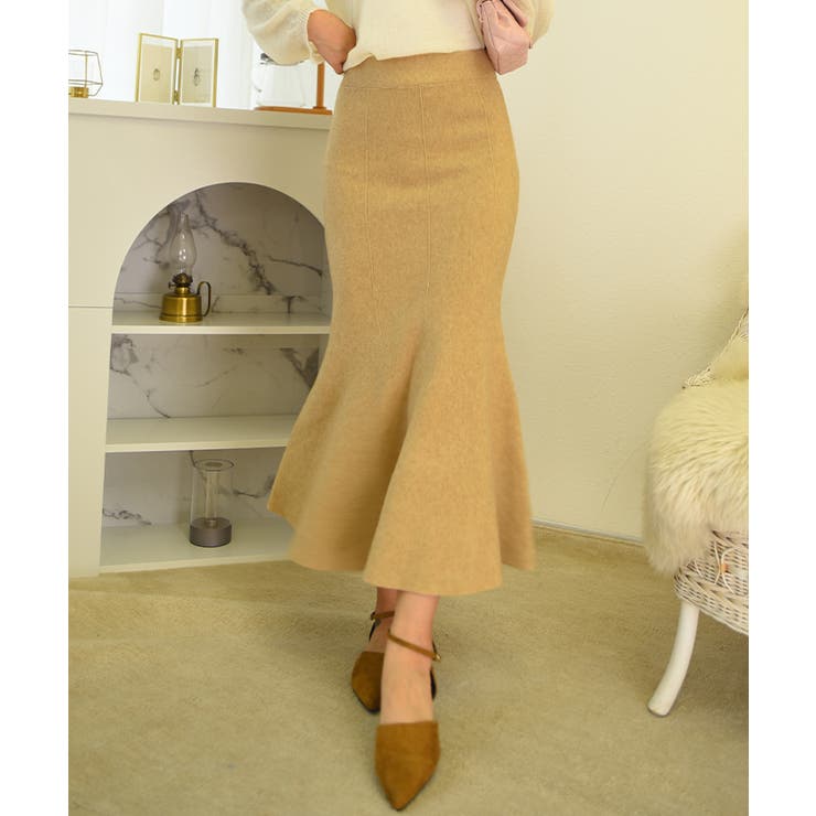 暖かくやや厚めのニットマーメイドロングスカート 秋冬