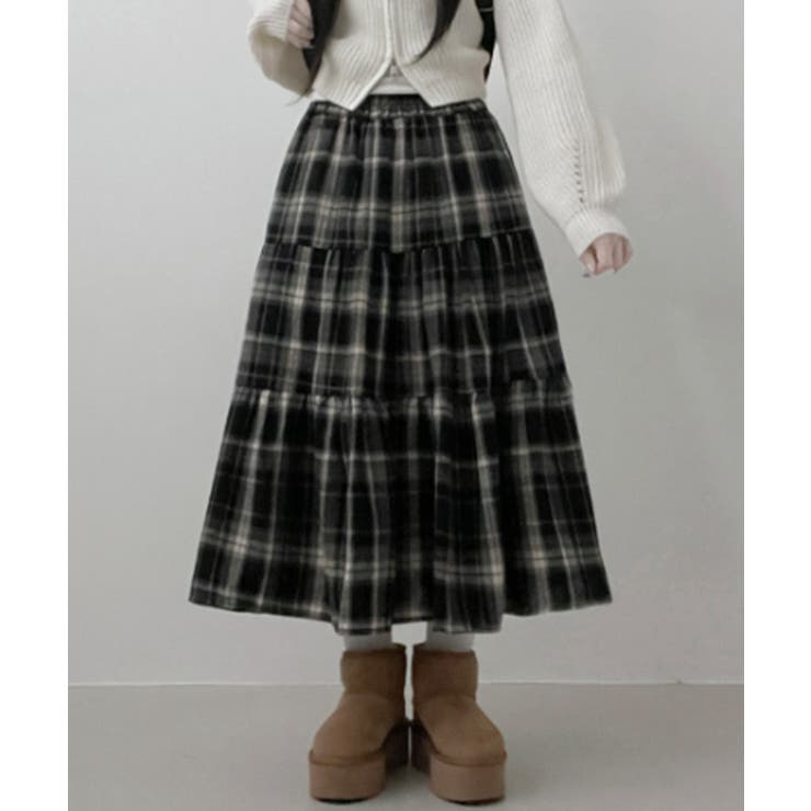 ブラック | チェック柄ティアードロングスカート | VIVID LADY