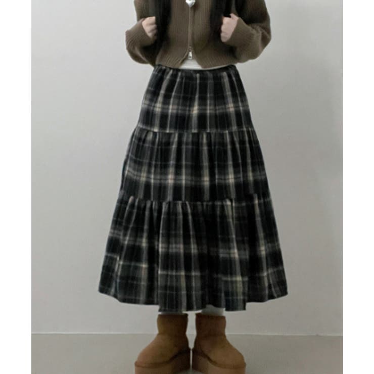 ネイビー | チェック柄ティアードロングスカート | VIVID LADY