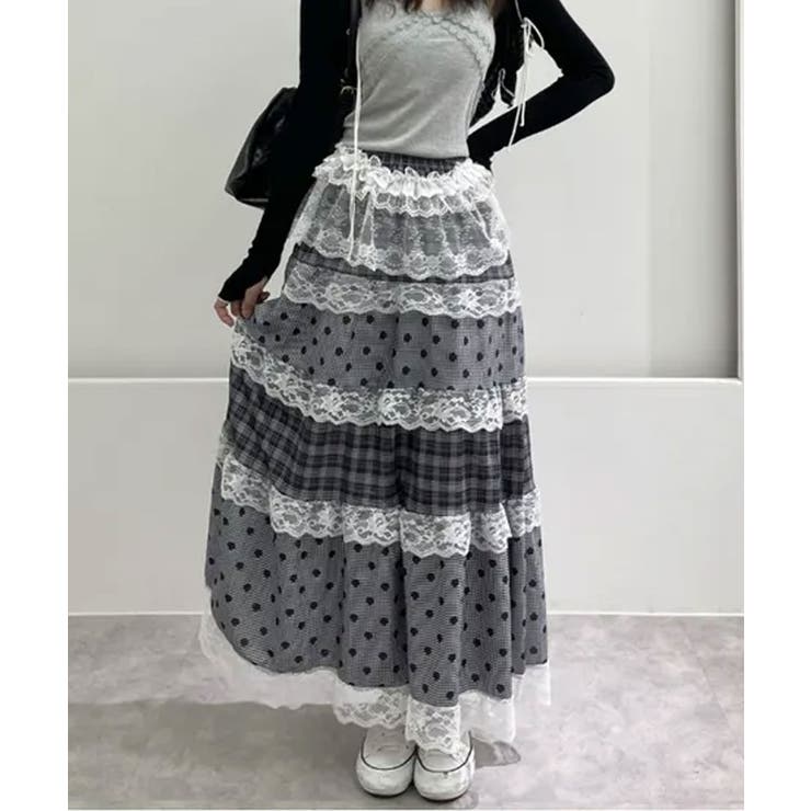 ブラック | チェック×ドット レースティアードロングスカート | VIVID LADY