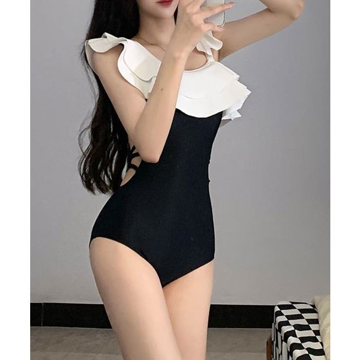 ダブルフリル ワンピース風 水着 2点セット[品番：KH000015390]｜VIVID