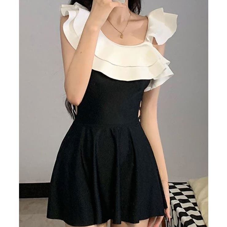 ダブルフリル ワンピース風 水着 2点セット[品番:KH000015390 ダブルフリル ワンピース風 水着 2点セット[品番:KH000015390