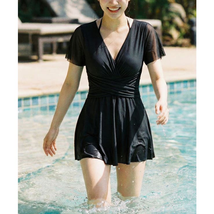ブラック | メッシュフレアスリーブカシュクールワンピース水着 | VIVID LADY