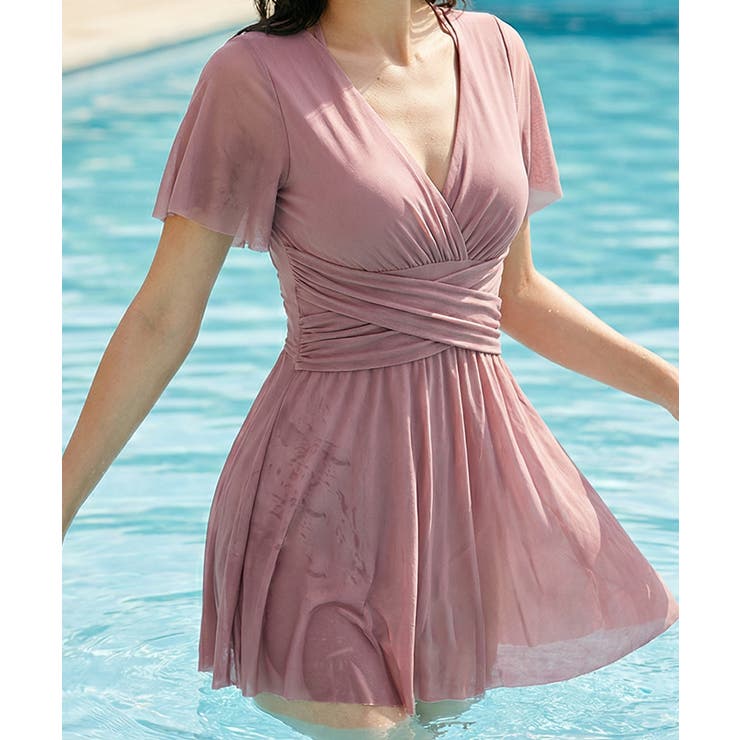 ピンク | メッシュフレアスリーブカシュクールワンピース水着 | VIVID LADY