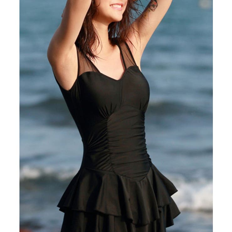 ブラック | バックオープンティアードフリルワンピース水着 | VIVID LADY
