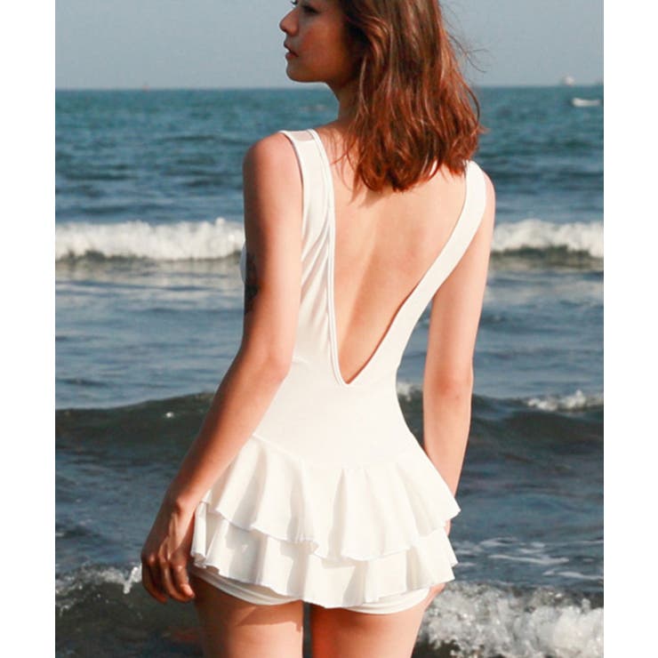 ホワイト | バックオープンティアードフリルワンピース水着 | VIVID LADY