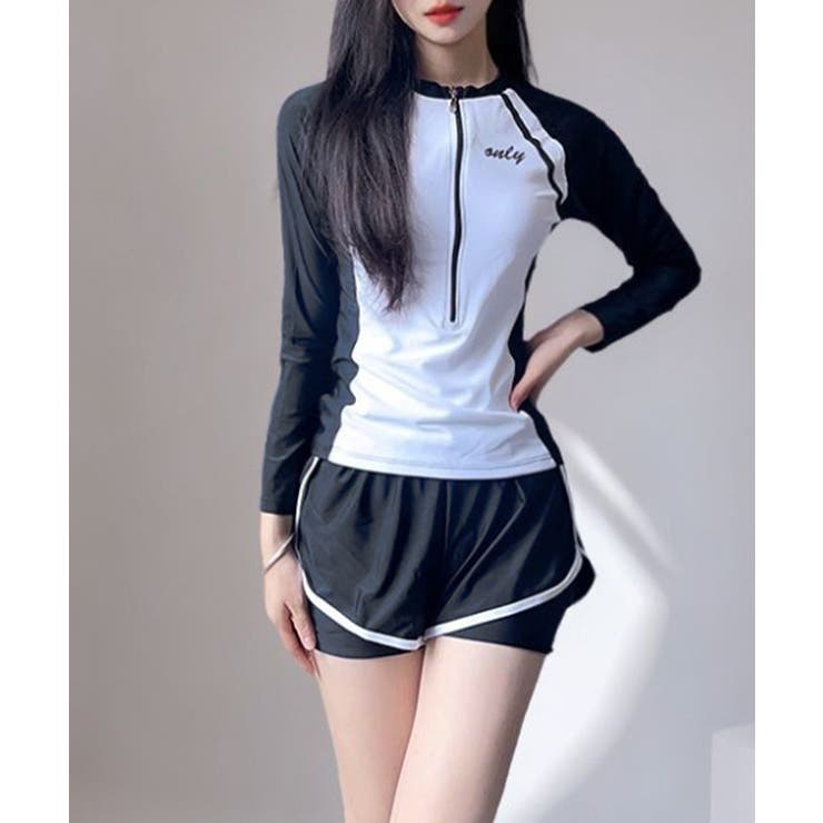 ブラック | バイカラーハーフジップラッシュガード＆ショーツセットアップ | VIVID LADY