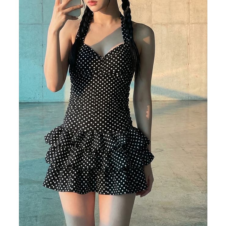ブラック | ドット柄 ホルターネック ティアードワンピース水着 | VIVID LADY