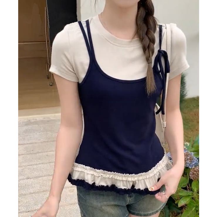 キャミソール レイヤード風 フリルTシャツ[品番:KH000015399 キャミソール レイヤード風 フリルTシャツ[品番:KH000015399