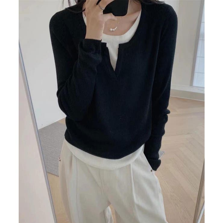 ブラック | レイヤード風 キーネック Tシャツ | VIVID LADY