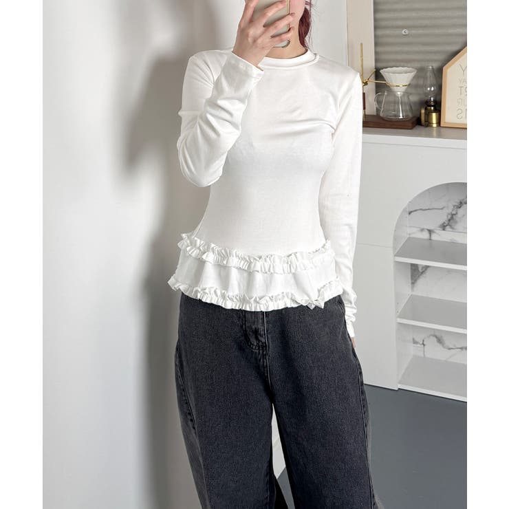 ホワイト フリル袖 Tシャツ セットアップ ホワイト フリル袖 Tシャツ セットアップ 袖フリルカットソー A