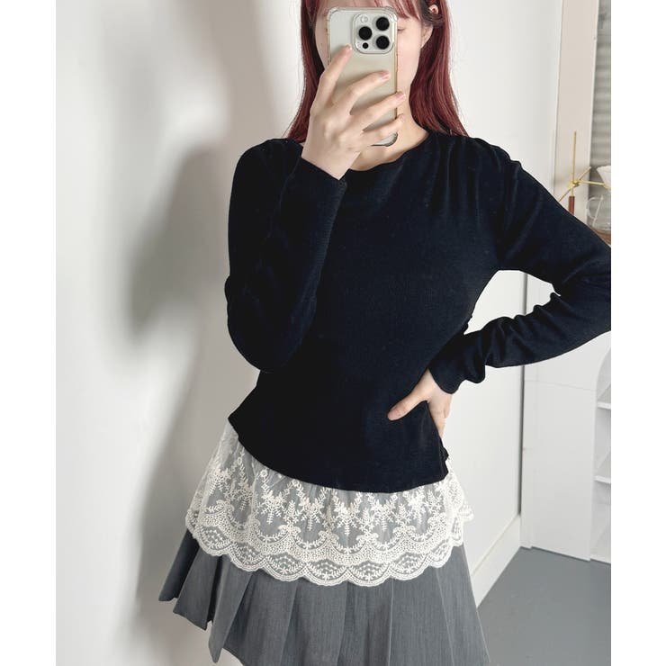 裾レース切替 長袖 トップス[品番：KH000015343]｜VIVID LADY