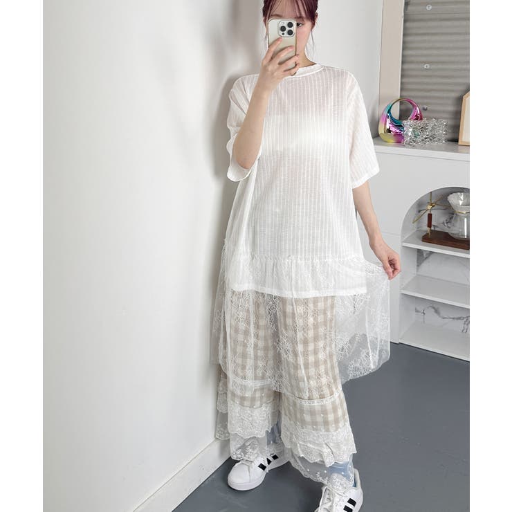切替レース チュニック 半袖Tシャツ[品番：KH000015522]｜VIVID