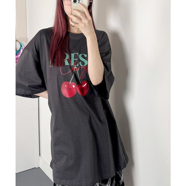Fallett チェリー プリンティング オーバーフィット 半袖Tシャツ チェリープリントオーバーサイズ 半袖Tシャツ[品番：KH000015524
