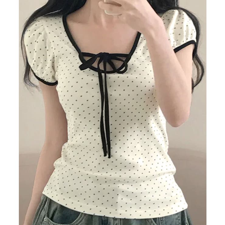 水玉柄パフスリーブ半袖Tシャツ | VIVID LADY | 詳細画像1 