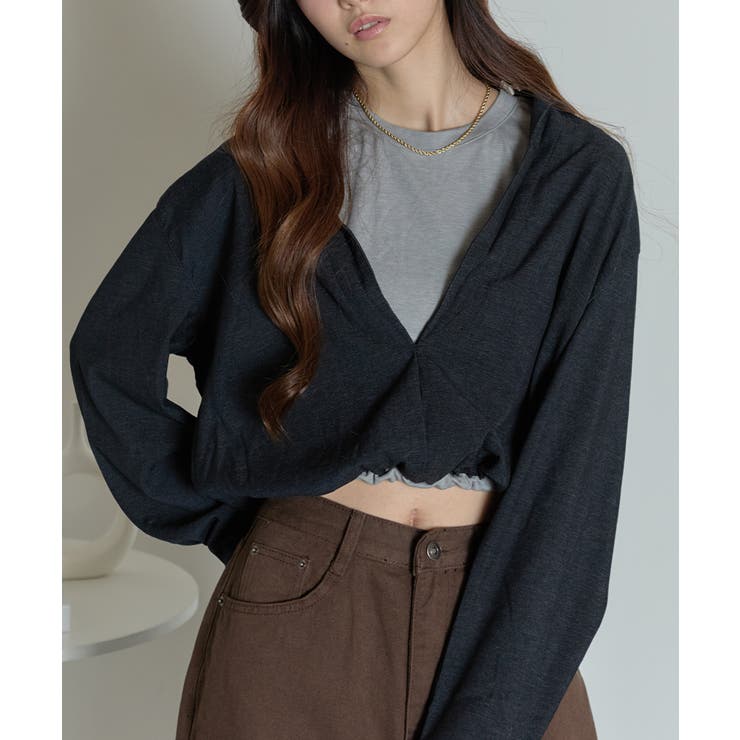 ネイビー | フェイクレイヤード クロップドトップス | VIVID LADY