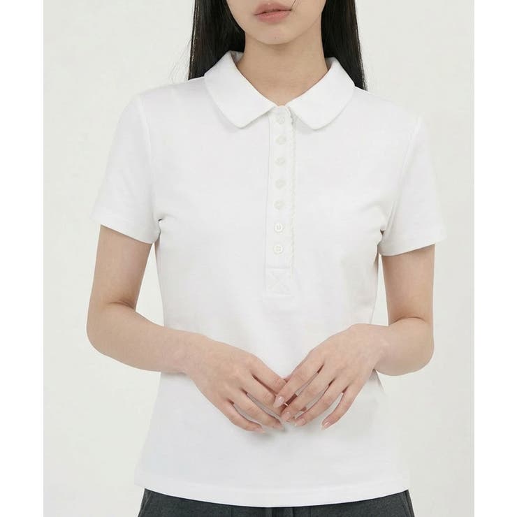 ホワイト | スカラップヘンリーネック カラーTシャツ 半袖トップス | VIVID LADY