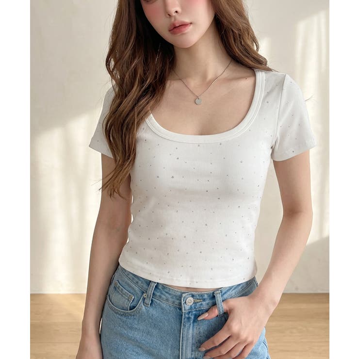 ラインストーン カップイン クロップド丈 半袖Tシャツ | VIVID LADY | 詳細画像5 