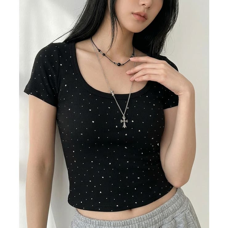 ブラック | ラインストーン カップイン クロップド丈 半袖Tシャツ | VIVID LADY