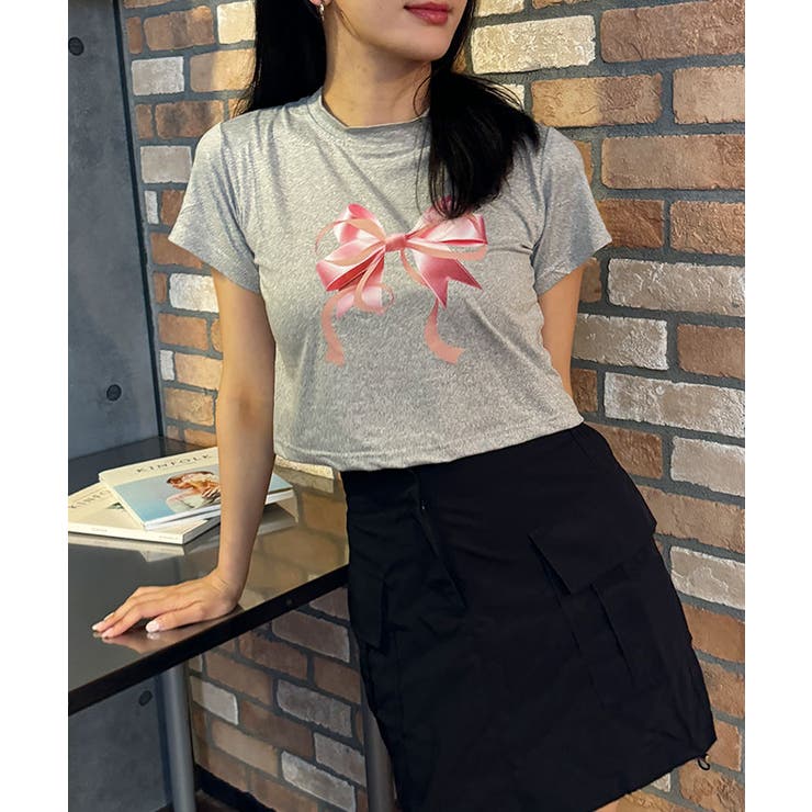 グレー | リボンプリント半袖Tシャツ レディース 夏 | VIVID LADY