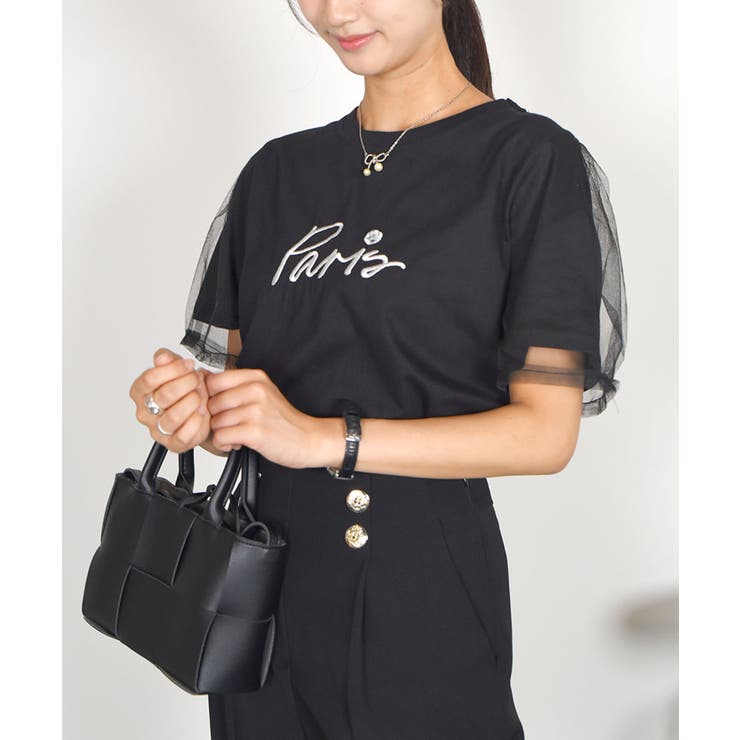 tシャツ logo tulle two-way tops レディース ロゴ入りチュール袖Tシャツ レディース 夏tシャツ[品番