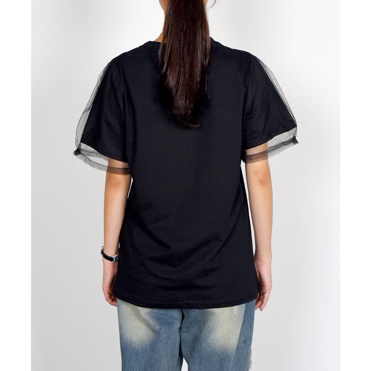 【えりんこ】袖ボリュームチュールＴシャツ ブラック 黒 Sサイズ ロゴ入りチュール袖Tシャツ レディース 夏tシャツ[品番