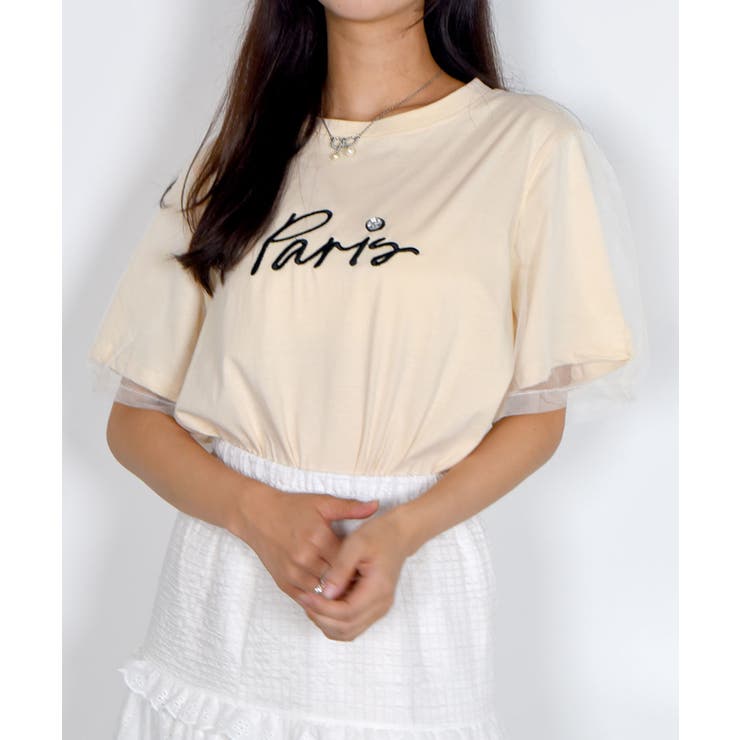 ロゴ入りチュール袖Tシャツ レディース 夏tシャツ[品番