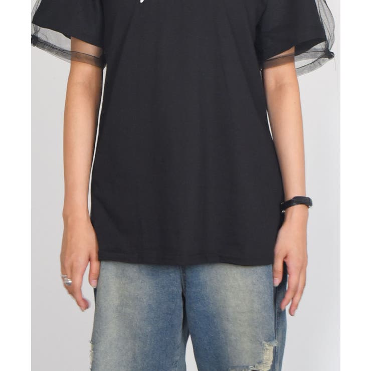 【えりんこ】袖ボリュームチュールＴシャツ ブラック 黒 Sサイズ earth_eco_loco メール便可 カットソー レディース ボリューム袖